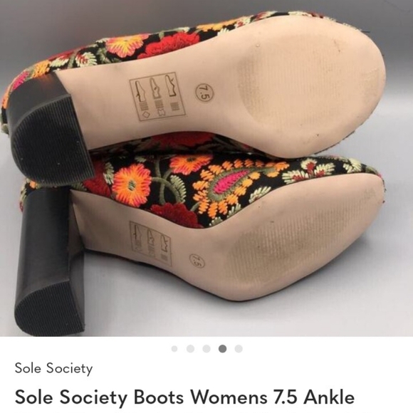 Sole Society Boots Womens 7.5 Ankle Black Floral Embroidered Block Heel Zip - Picture 5 of 5